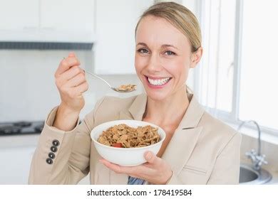 Attractive Brunette Eating Bowl Cereal Fruit Stock Photo 147193061