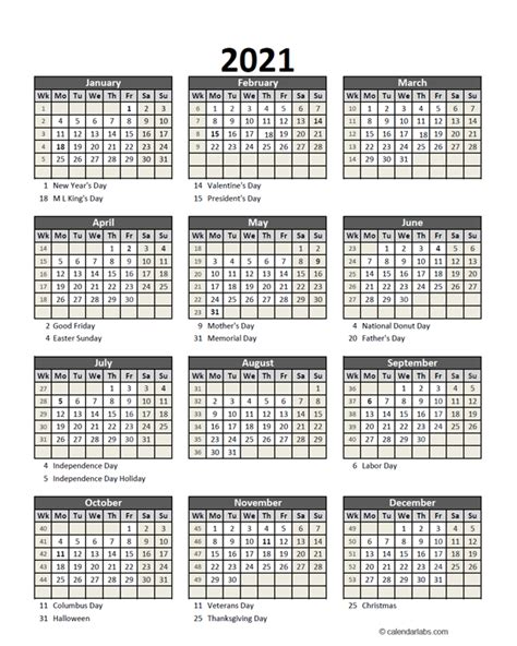 2021 Printable Calendar With Holidays Free Printable Templates