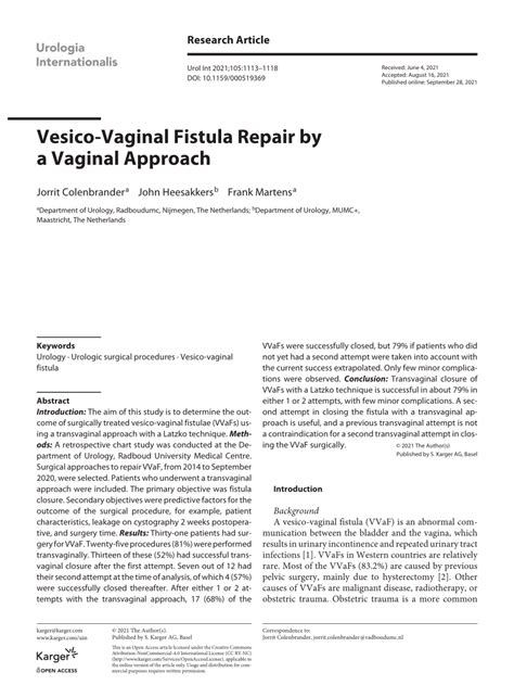 Pdf Vesico Vaginal Fistula Repair By A Vaginal Approach