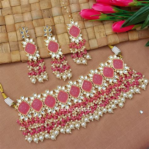 Traditional Pink Colour Stone Necklace Fashioncrab