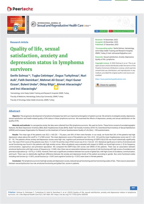 Pdf Quality Of Life Sexual Satisfaction Anxiety And Depression Status In Lymphoma Survivors