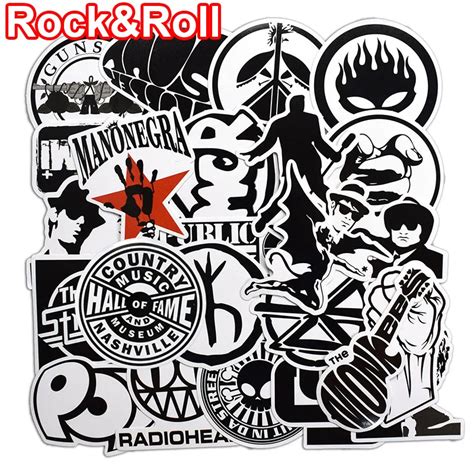 50 Pcs Rock And Roll Black And White Stickers For Laptop Skateboard Luggage Guitar Suitcase Music