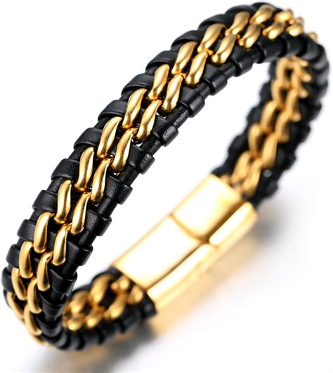 Halukakah Solo Mens Genuine Leather Titanium Bracelet Black And Golden 8