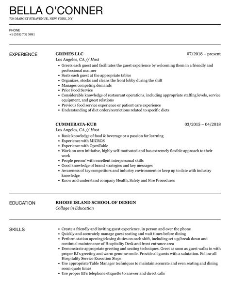 Host Resume Samples Velvet Jobs