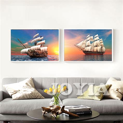 Modern Sunrise Seascape Canvas Print Sailing Ship Wall Art Poster