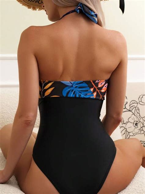 Shein Swim Vcay Tropical Print Twist Front Halter One Piece Swimsuit