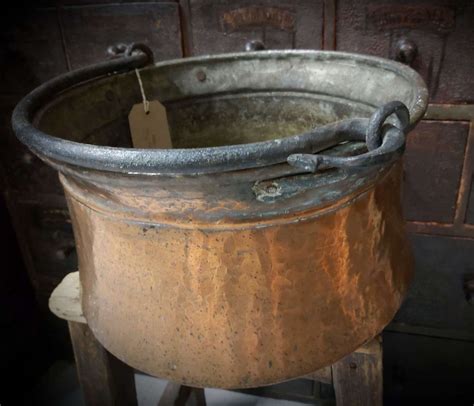 Antique Copper Pot With Wrought Iron Swing Handle In Misc