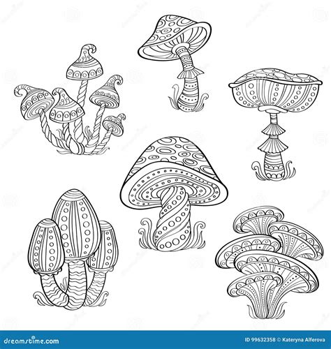 Set Of Stylized Ornamental Mushrooms Line Art Collection Tattoo Stock