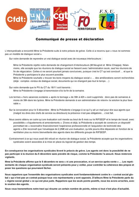 Déclaration de lintersyndicale du 4 décembre 2017 suite au rdv avec