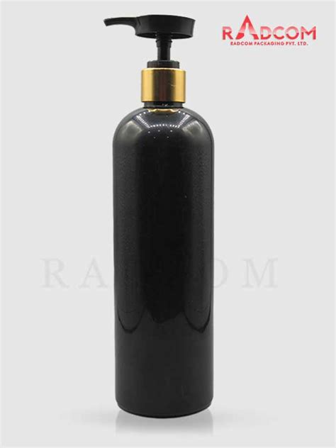 Ml Boston Opaque Black Pet Bottle With Golden Sleeves Lotus Pump