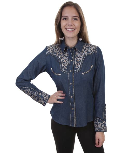 Scully Womens Vine Embroidered Long Sleeve Pearl Snap Western Shirt