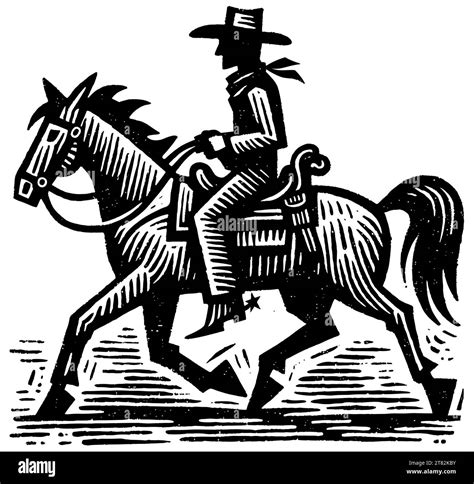 Cowboy Riding Horse Stylized Linocut Print Black And White Stock