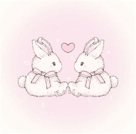 Two White Rabbits Sitting Next To Each Other On A Pink Background With