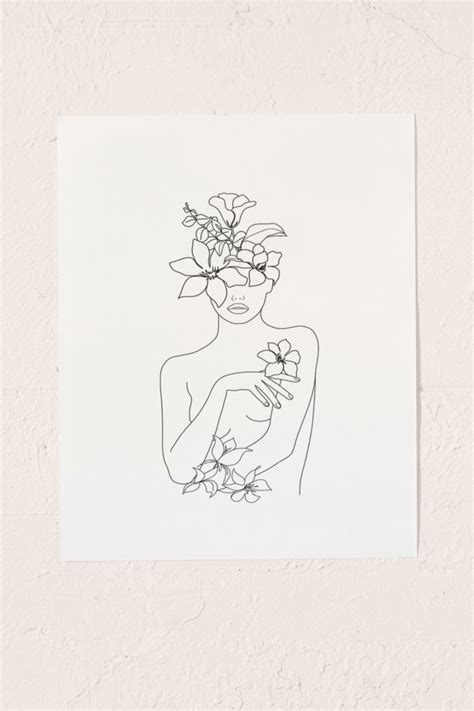 Urban Outfitters Nadja Line Art Woman With Flowers Iv Art Print Kedenza