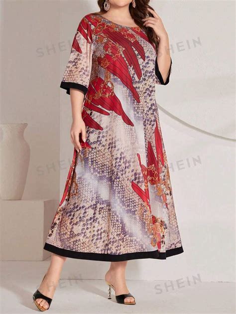 Shein Najma Plus Size Snake Print And Botanical Pattern Dress Shein Usa