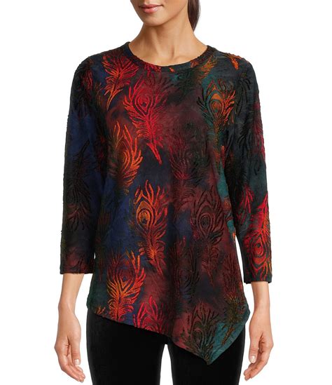 Calessa Tie Dye Burnout Crew Neck 3 4 Sleeve Asymmetric Hem Tunic