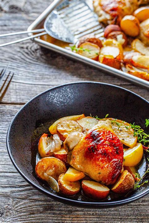 Honey Roasted Chicken Thighs With Potatoes Apples And Shallots