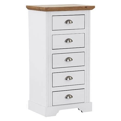 Talox Narrow Wooden Chest Of 5 Drawers In White And Oak Furniture In