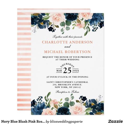 Navy Blue Blush Pink Rose Boho Wedding Invitation Zazzle Wedding