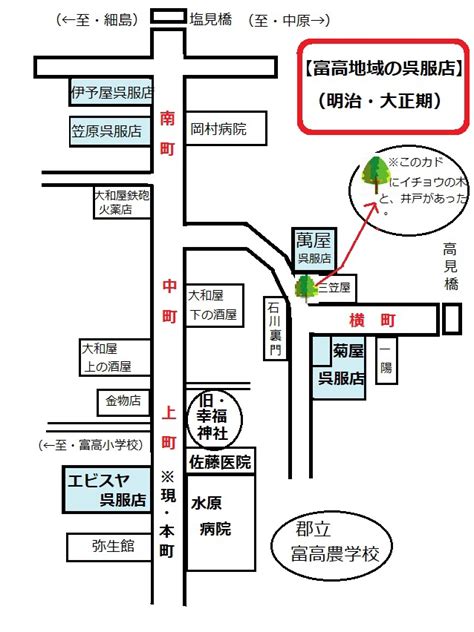 【富高地域 呉服店 分布図江戸・明治～大正まで）】 日向市・宮崎県の画像倉庫と昔語り（古い写真・昔の写真・懐かしい写真～富高・細島ほか）