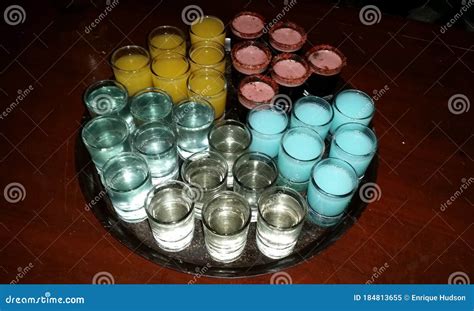 Tray Of Various Mescal Shots Of Various Flavors Stock Image Image Of