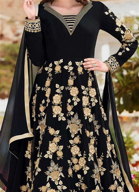 Buy Online Faux Georgette Black Resham Work Floor Length Anarkali Suit