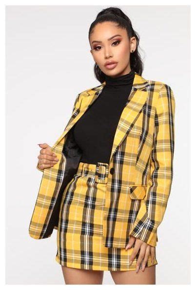 Total Betty Blazer Set Yellow Combo Plaid Blazer And Skirt Set