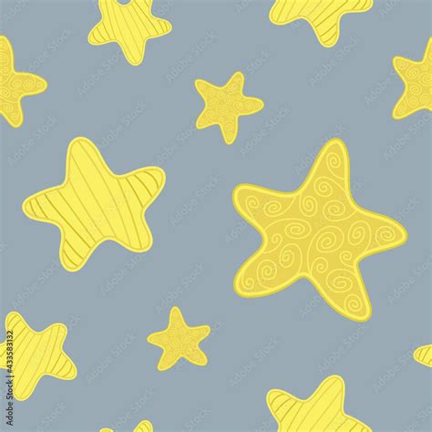 Seamless Pattern For Baby Kids With Cute Cartoon Yellow Stars On A Gray