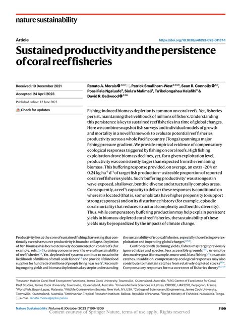 Sustained Productivity And The Persistence Of Coral Reef Fisheries