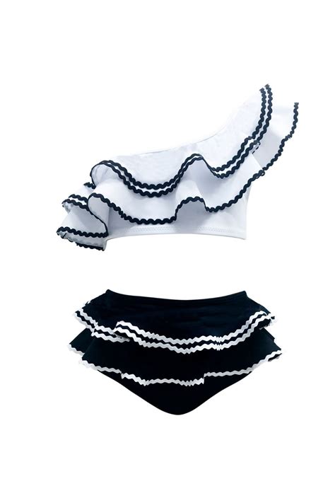 LOOK ME Tek Omuz Su Taşı Detaylı Büyük Fırfırlı Beyaz siyah Uv Kız Çocuk Bikini Takımı By