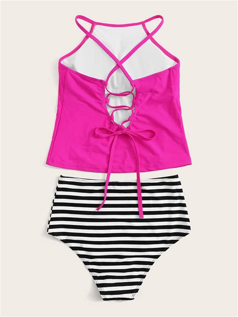 Neon Pink Lace Up Top With Striped Tankini Set Romwe