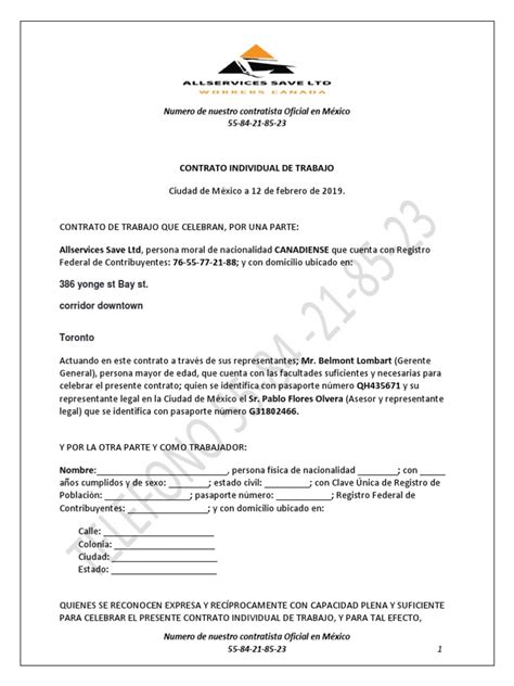 Contrato Individual De Trabajo Numero De Nuestro Contratista Oficial En México 55 84 21 85 23