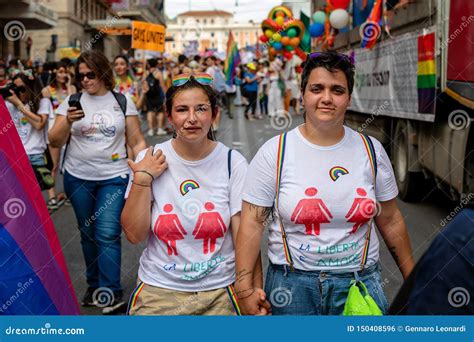 Gay Pride A Lesbian Couple At The Demonstration In The Square