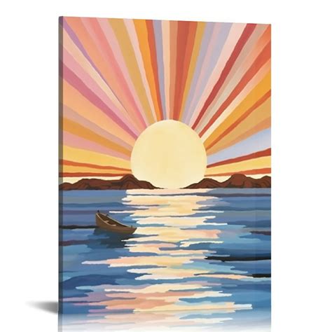 Comio Framed Boho Canvas Wall Art Sun Sunrise Yellow Line Pictures