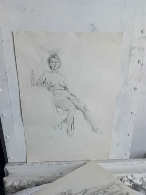Vintage Nude Pencil Drawing Seated Female Paper Sketch X