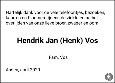 Hendrik Jan Henk Vos Overlijdensbericht En Condoleances