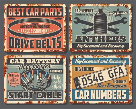 Car Repair Service And Garage Rusty Metal Bannners Vector Art