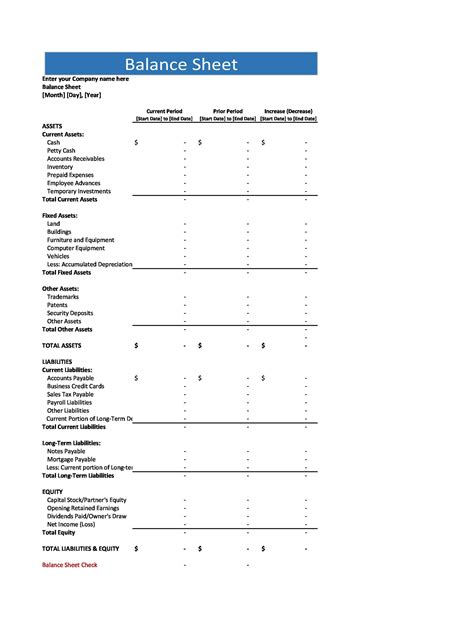 Monthly Balance Sheet Template