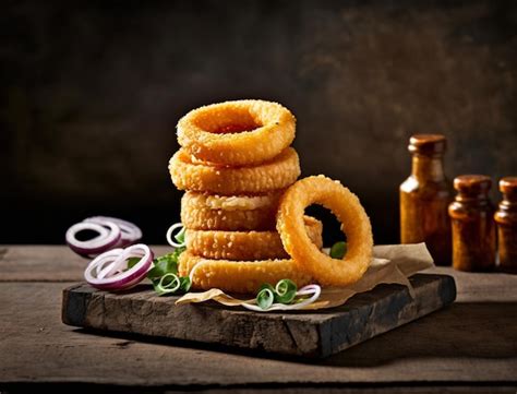 Premium Photo | A stack of onion rings with a bottle of onion on the side.