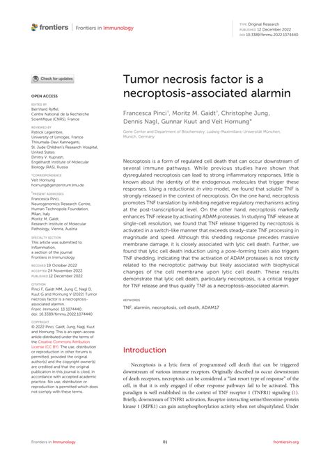 PDF Tumor Necrosis Factor Is A Necroptosis Associated Alarmin