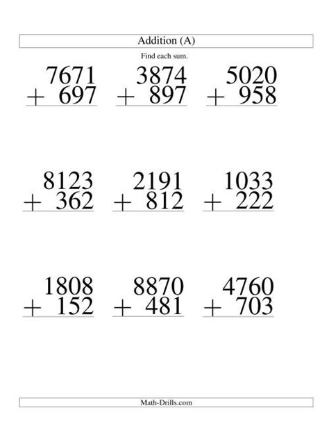 Four Digit Plus Three Digit Addition 9 Questions All