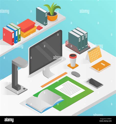 Flat Isometric Workspace Work Place Concept Vector Isolated Desktop