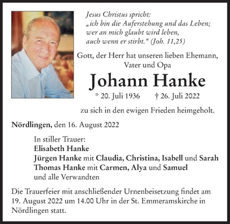 Traueranzeigen von Johann Hanke Allgäuer Zeitung