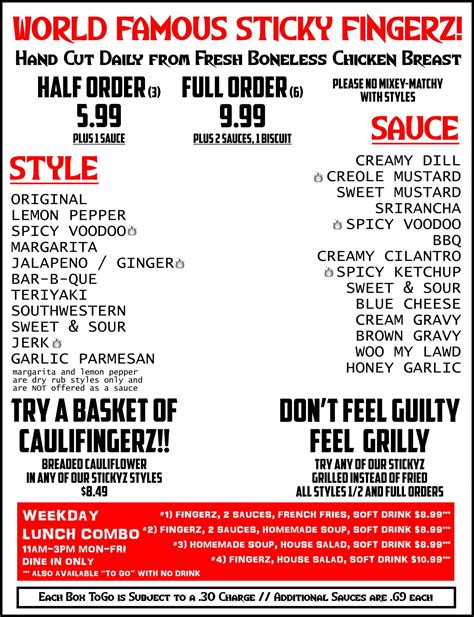 Full Service Menu Stickyz Rock N Roll Chicken Shack