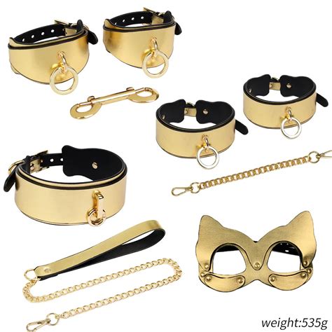 Bdsm Kits Gold Pu Leather Bondage Set Fetish Handcuffs Collar With