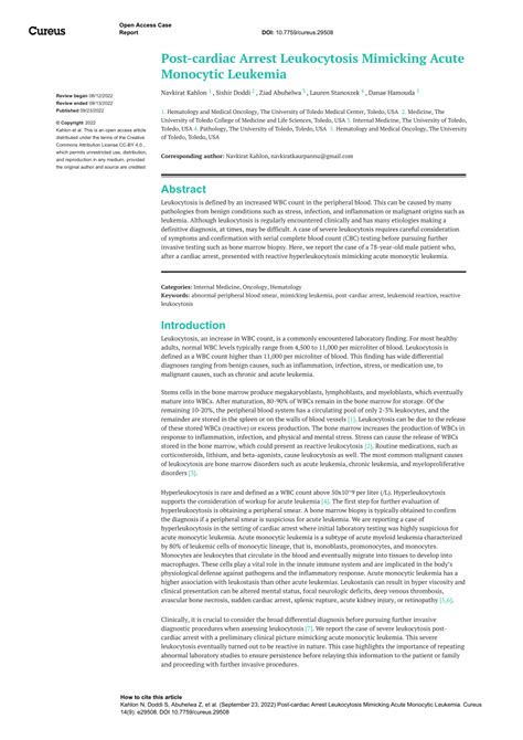 Pdf Post Cardiac Arrest Leukocytosis Mimicking Acute Monocytic Leukemia