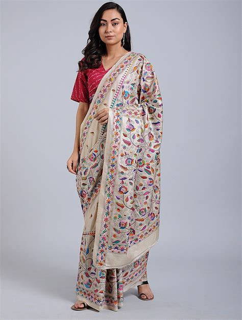 Buy Multicolored Kantha Embroidered Tussar Silk Saree Online At Jaypore