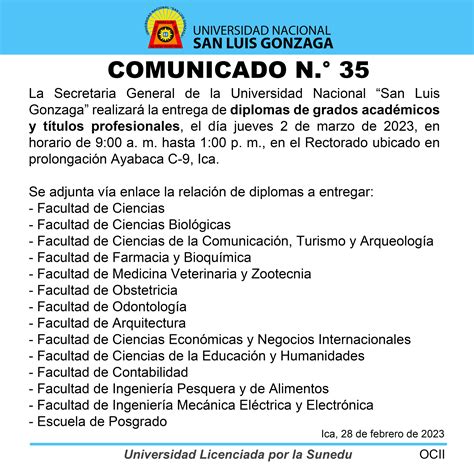 Comunicado entrega de diplomas de grados académicos y títulos