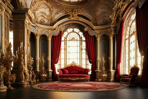 Luxury royal interior of royal palace with red velvet sofa and gold ...