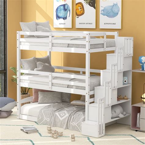 Euroco Twin Over Twin Over Twin Bunk Bed With Storage Staircase